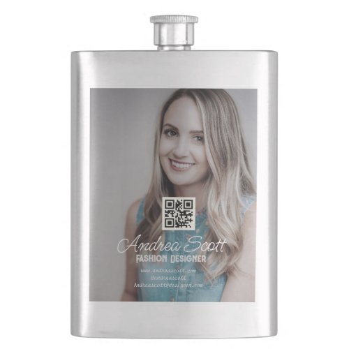 Female business boss add photo name q r code text flask
