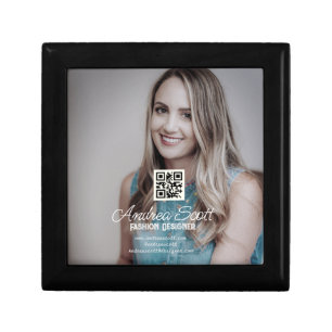 Female business boss add photo name q r code text gift box