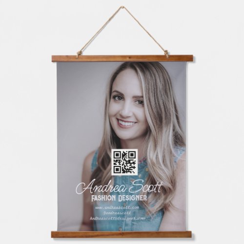 Female business boss add photo name q r code text hanging tapestry