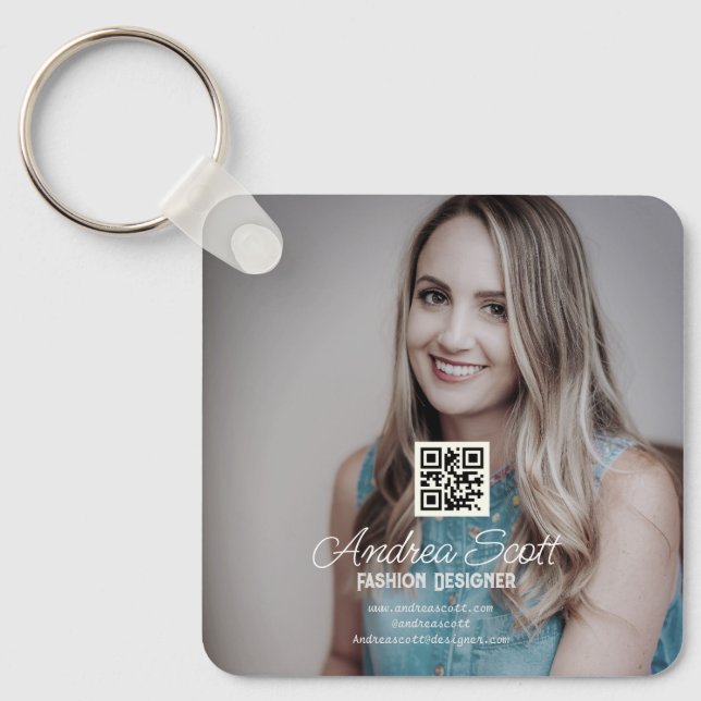 Female business boss add photo name q r code text keychain (Front)