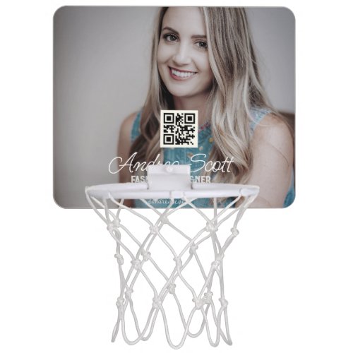 Female business boss add photo name q r code text mini basketball hoop