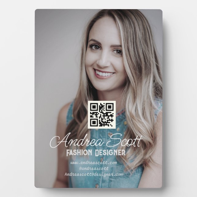 Female business boss add photo name q r code text plaque (Front)