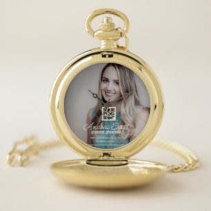 Female business boss add photo name q r code text pocket watch