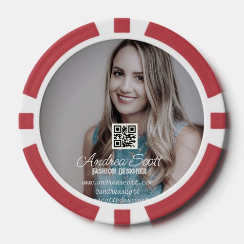 Female business boss add photo name q r code text poker chips