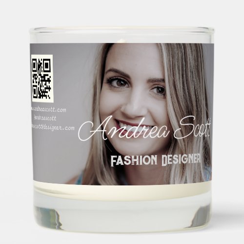 Female business boss add photo name q r code text scented candle