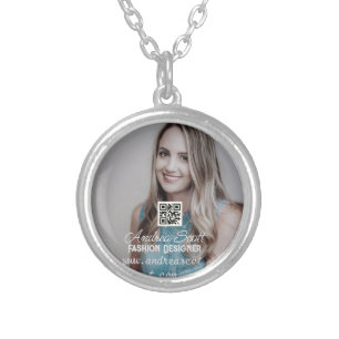 Female business boss add photo name q r code text silver plated necklace