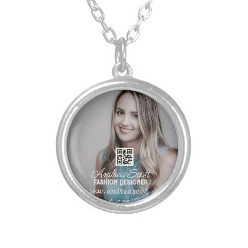 Female business boss add photo name q r code text silver plated necklace
