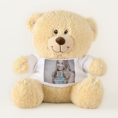 Female business boss add photo name q r code text teddy bear