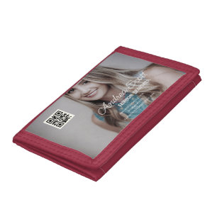 Female business boss add photo name q r code text tri-fold wallet