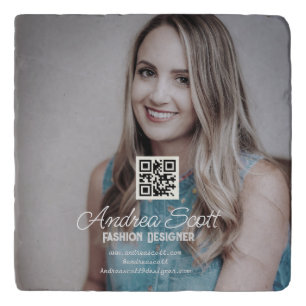 Female business boss add photo name q r code text trivet