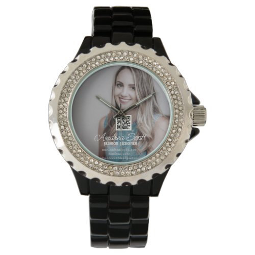 Female business boss add photo name q r code text watch