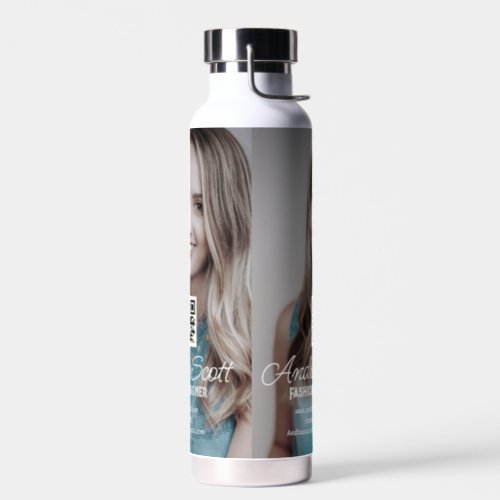 Female business boss add photo name q r code text water bottle