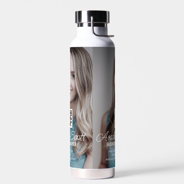 Female business boss add photo name q r code text water bottle (Left)