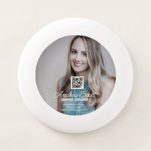 Female business boss add photo name q r code text Wham-O frisbee