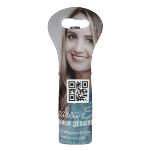 Female business boss add photo name q r code text wine bag