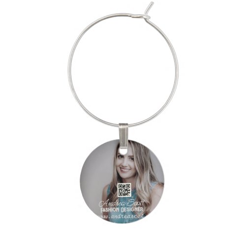 Female business boss add photo name q r code text wine charm