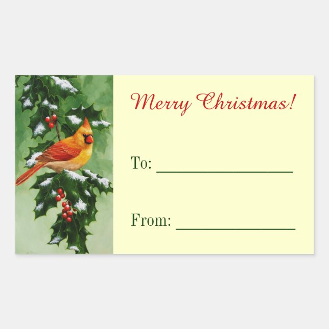 Female Cardinal and Holly Yellow Rectangular Sticker (Front)