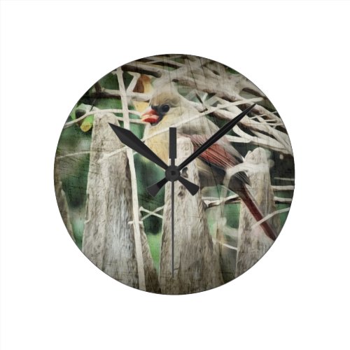 Female Cardinal on Wooden Fence Round Clock