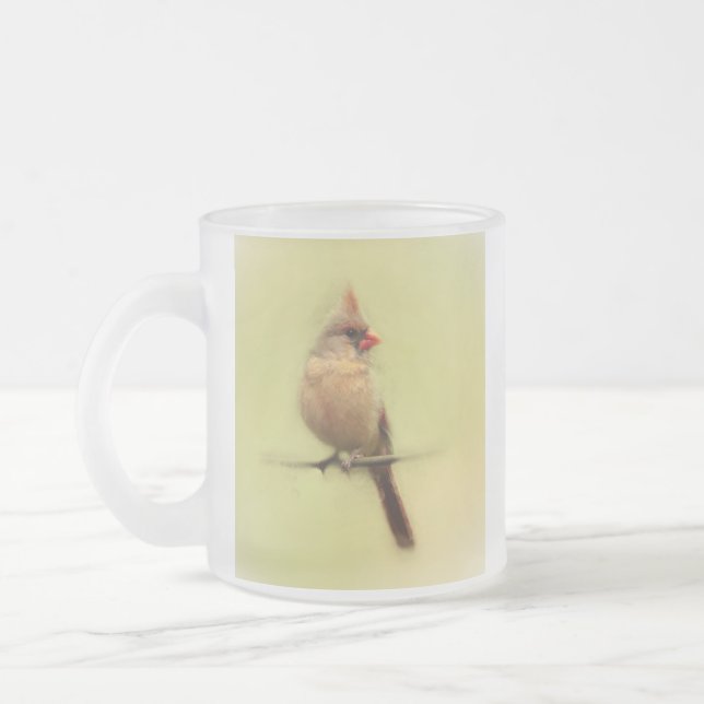 Female Cardinal Songbird Frosted Glass Coffee Mug (Left)