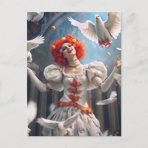 Female clown with pigeons lucrative postcard