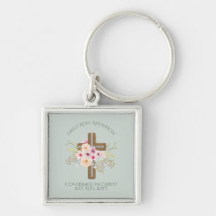 Female Confirmation Gift Floral Cross Personalized Keychain