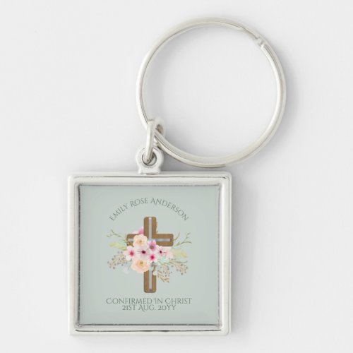 Female Confirmation Gift Floral Cross Personalized Keychain