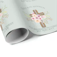 Godmother - Personalized Floral Cross Sage Green Wrapping Paper