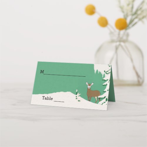 Female Deer Standing in Snow Pine Tree Mint Green Place Card