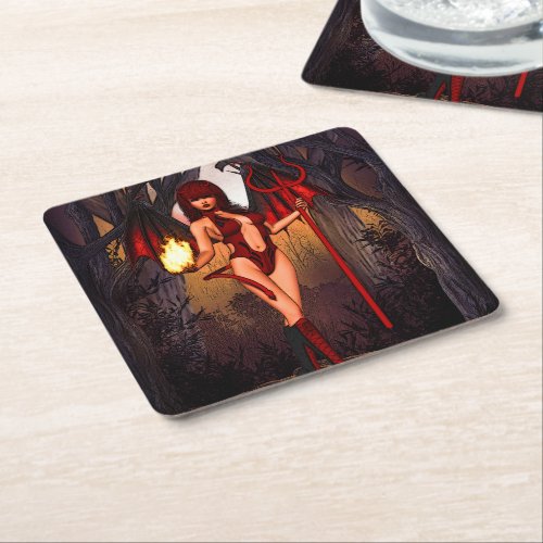 Female Devil In Red Square Paper Coaster