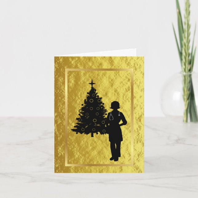 Female Doctor Silhouette Golden Christmas Card (Front)