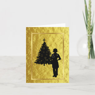 Female Doctor Silhouette Golden Christmas Card
