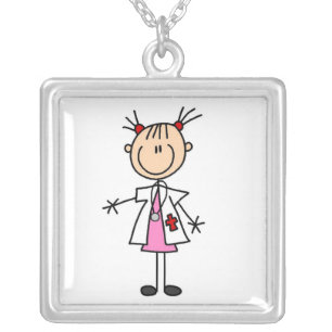 Female Doctor Stick Figure Silver Plated Necklace