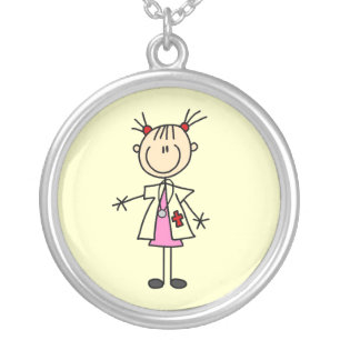 Female Doctor Stick Figure Silver Plated Necklace