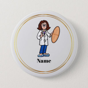 Female Doctor with Big Pill Name Button
