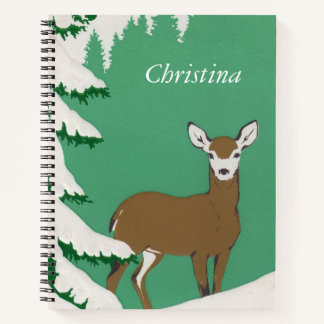 Female Doe Deer White Face in Snow Pine Tree Notebook