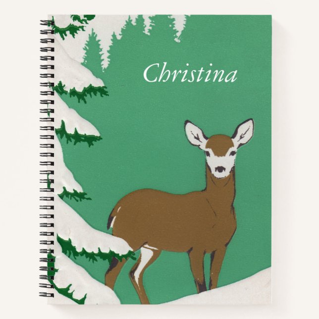 Female Doe Deer White Face in Snow Pine Tree Notebook (Front)