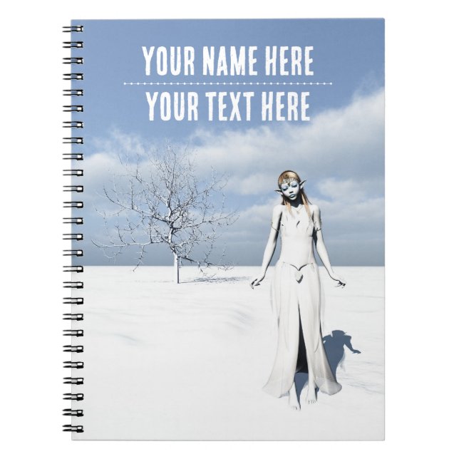 Female elf walking in the snow. Customizable text Notebook (Front)