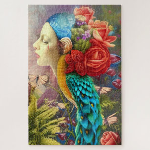 Female face with floral n peacock feathers jigsaw puzzle