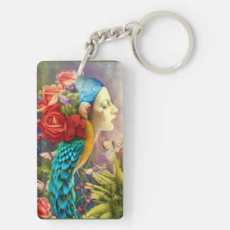 Female face with floral n peacock feathers keychain