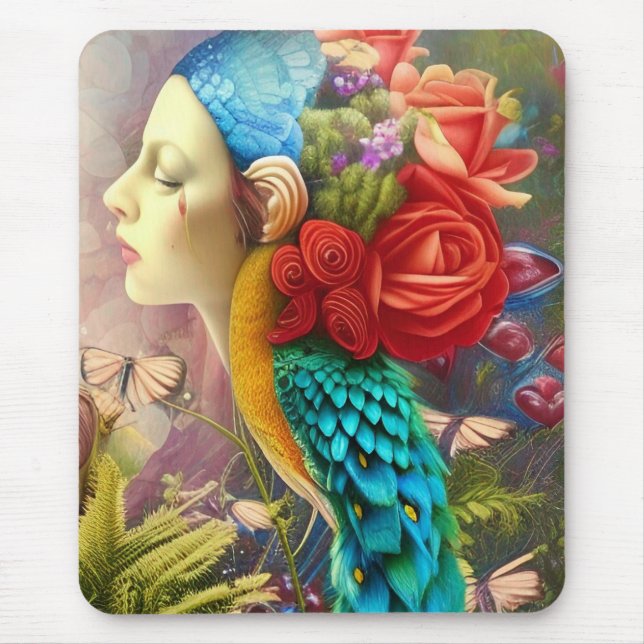 Female face with floral n peacock feathers mouse pad (Front)