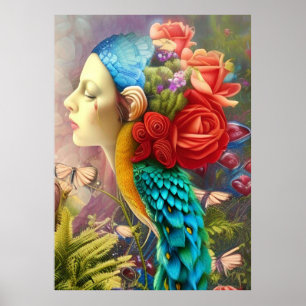 Female face with floral n peacock feathers poster