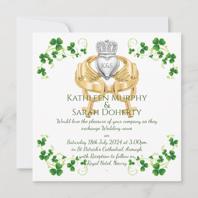 Female Female Claddagh Ring & Shamrocks Invitation (Front)