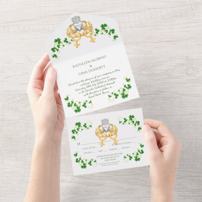 Female Female Irish Claddagh Ring and Shamrocks All In One Invitation (Tearaway)