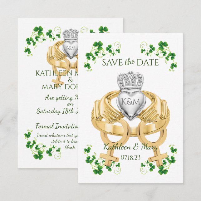 Female Female Irish Claddagh Ring and Shamrocks Save The Date (Front/Back)