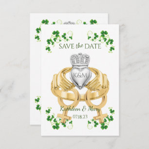 Female Female Irish Claddagh Ring and Shamrocks Save The Date