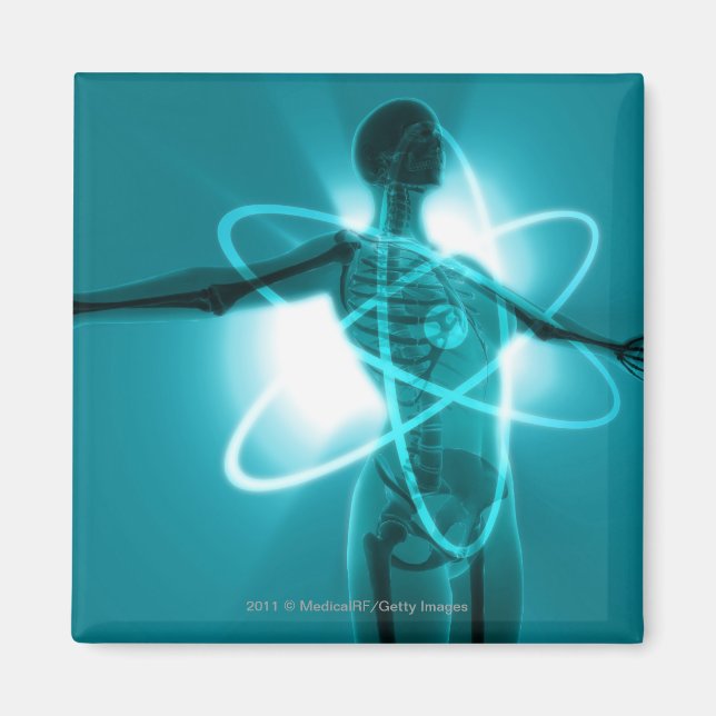 Female figure with an overlay of an atomic symbol magnet (Front)