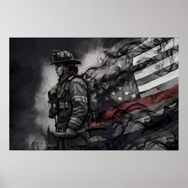 Female Firefighter Red Line American Flag Tribute Poster (Front)