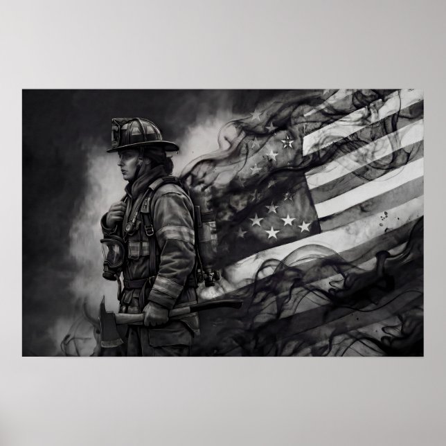Female Firefighter Smoke American Flag Tribute Poster (Front)
