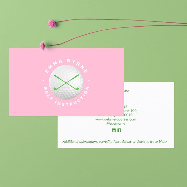 Female Golf Instructor Pro Pink Crossed Clubs Busi Business Card (Creator Uploaded)