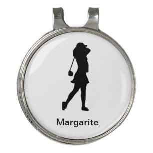 Female Golfer Black Silhouette on White golf  Hat Clip